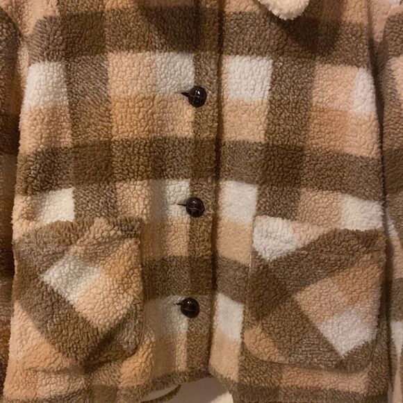 Gilli Women’s Plaid Brown and Cream Teddy Jacket Size Medium NWOT - Picture 2 of 8